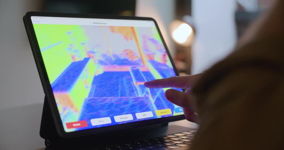 A person using a tablet to look at a render of a room