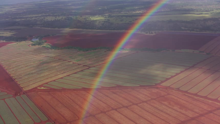 A rainbow over grassy fields