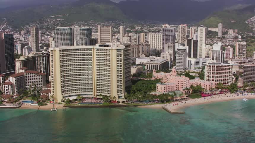 Aerial view of hotels on a coastal city near the ocean