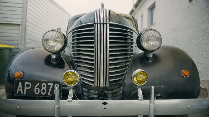 A close up of a vintage car