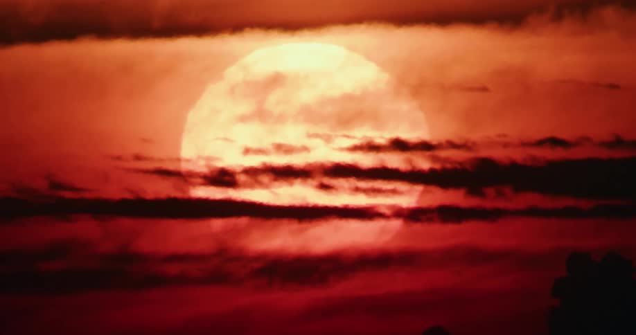 Bright ball of fire sits in crimson sky silhouetting the clouds and trees
