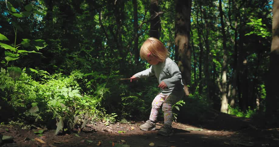 Girl playing with sticks on the edge of a dirt trail on the forest
