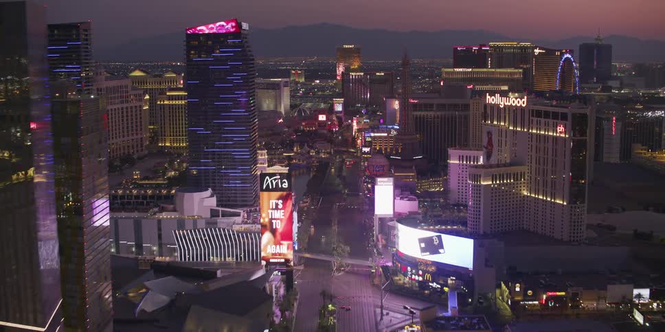 Neon lights along hotels and casinos light up the las vegas strip