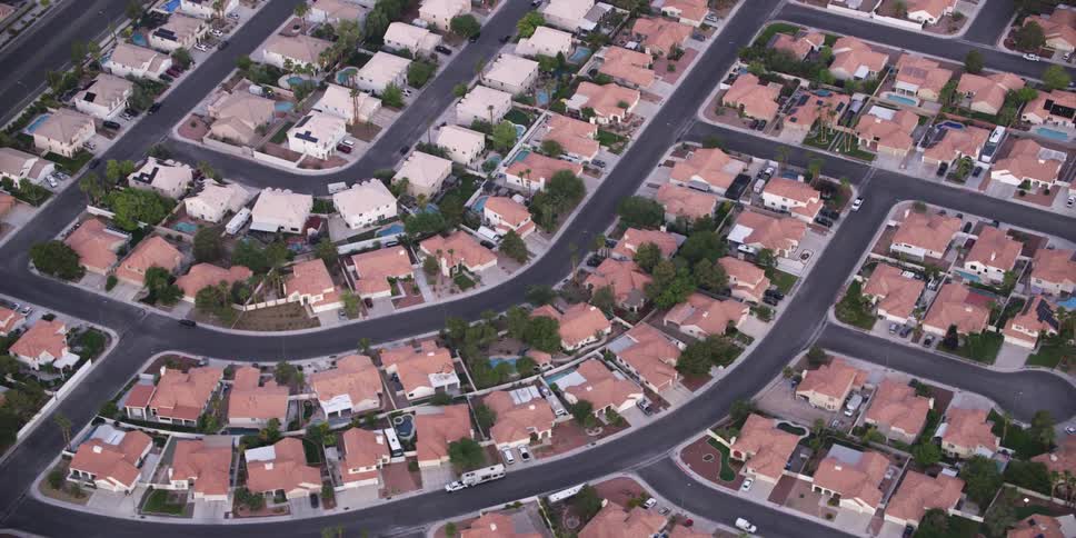 A neighborhood subdivision with cul de sacs trees and swimming pools