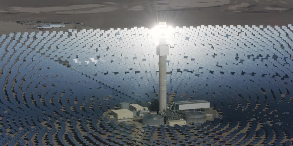 An aerial view of solar panels arranged outside