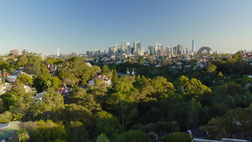 Aerial view of a neighborhood close to the city downtown skyline at morning