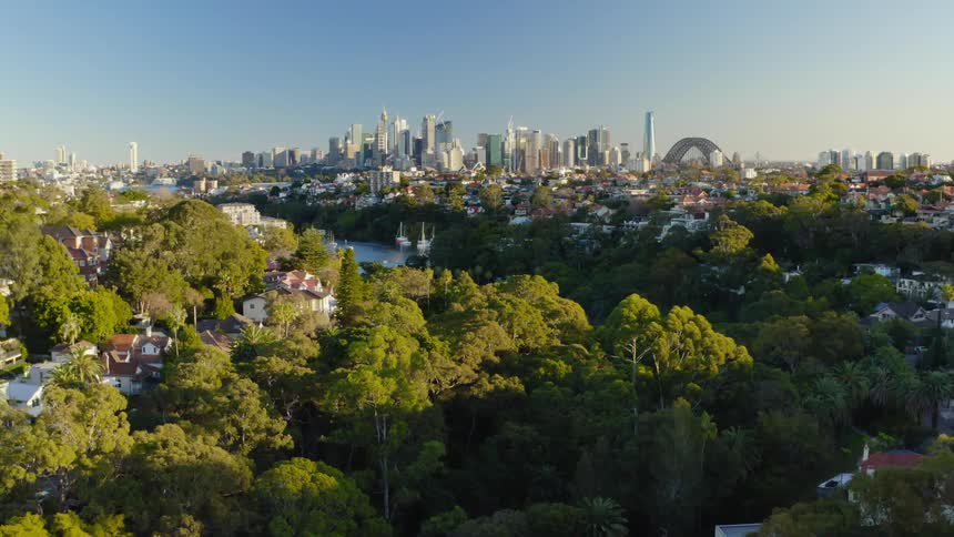 A neighborhood with houses and trees with a city skyline with buildings and skyscrapers in the background