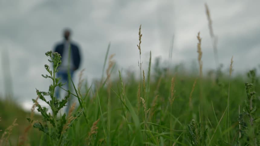 A man stands on a hill with hands in his pockets as a breeze blows his shirt and the grass