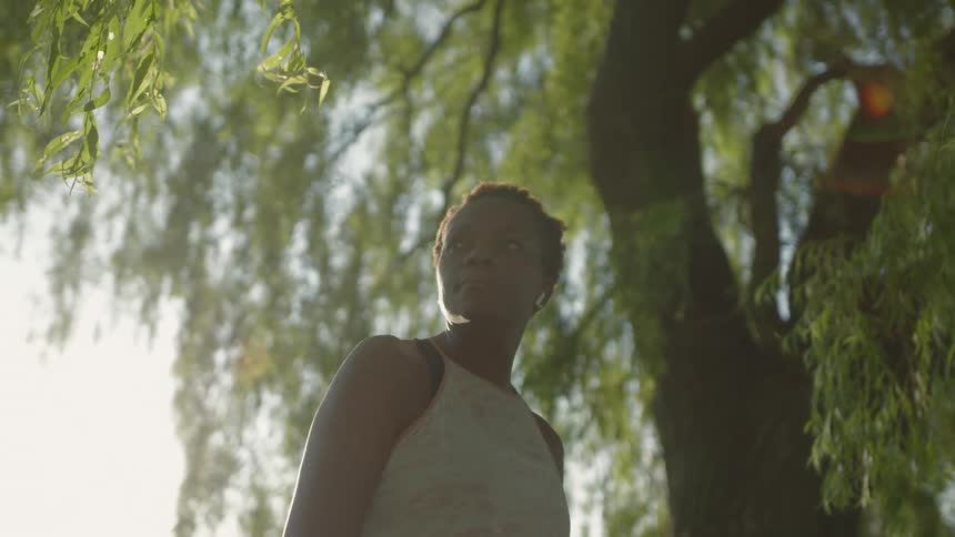 A woman standing underneath a tree with leaves with the sky and clouds in the background