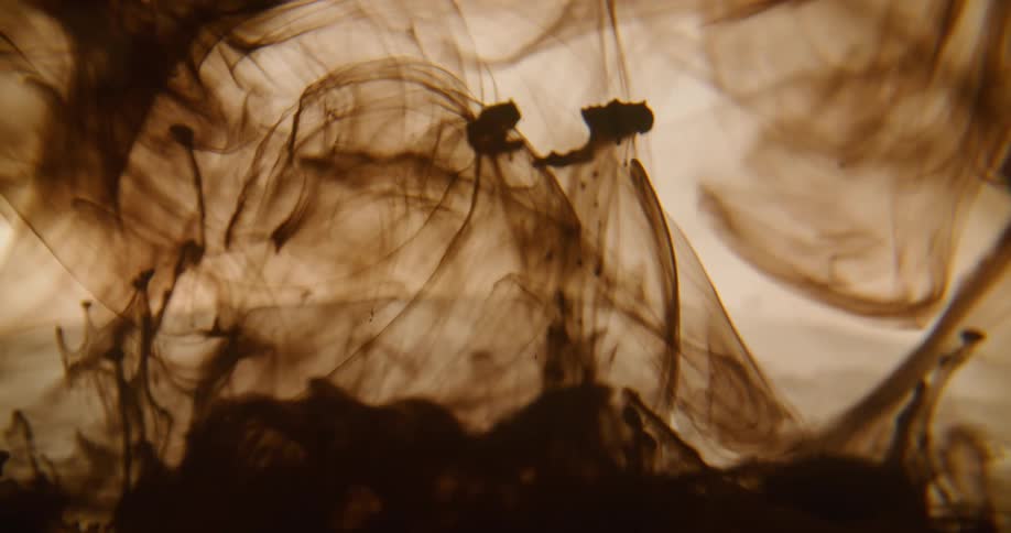 A dark brown dye rises and expands in a clear liquid