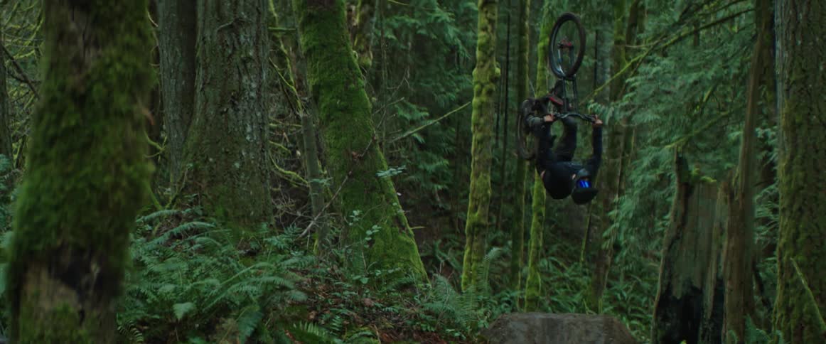A man backflips his mountain bike off a jump on a lush forest trail