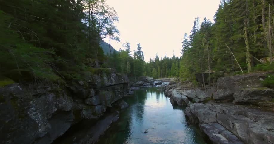 Moving over a small stream surrounded by rocks and trees