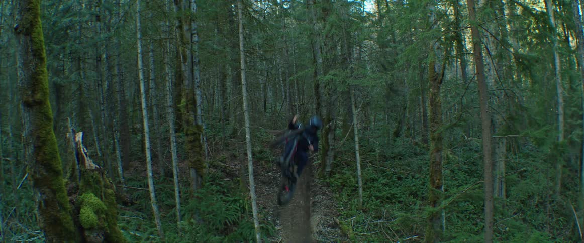 A mountain biker whips his bike in the air towards the camera and flies underneath the lens