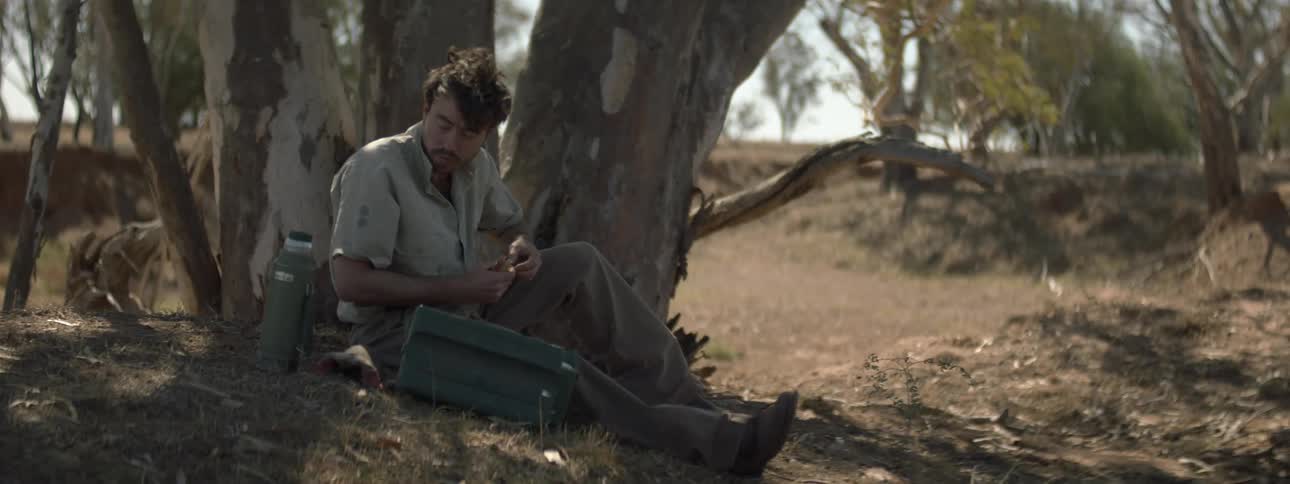 A man sits in the shade of a tree while carefully taking food out of his pack and feeding some to his dog