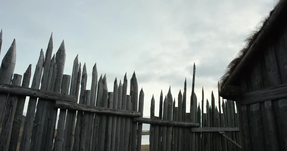 View of a log fence and a thatch-roofed hut