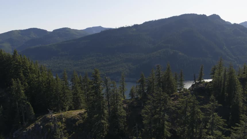 Traverse over evergreen trees along a high ridgeline to reveal a mountain lake in the valley below