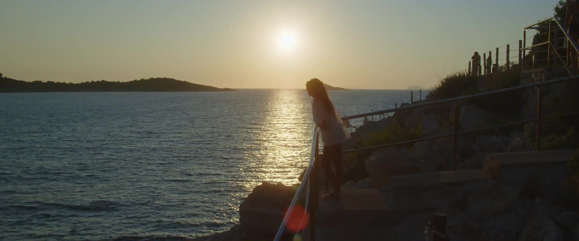 A woman leans against a railing overlooking the ocean at sunset
