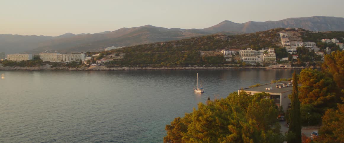 A shot of a coastal city at twilight