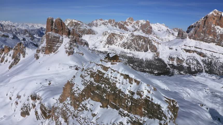 House sits on mountain plateau in snow covered mountain range