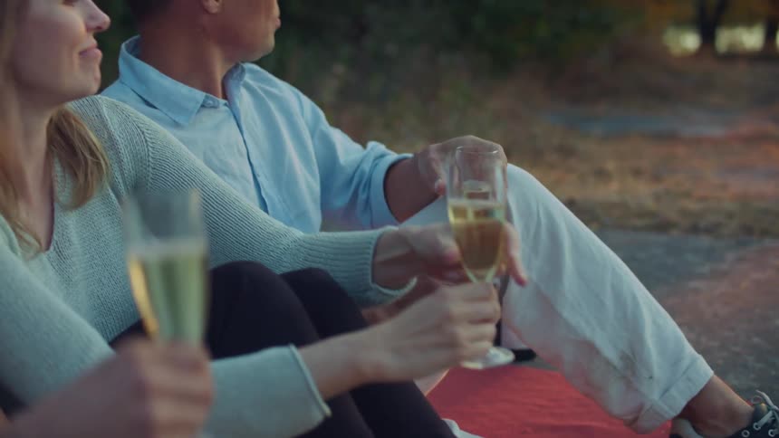 A man pours champagne and the group raises their glasses for a toast
