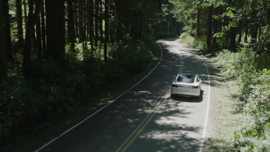 A car drives through a forested road