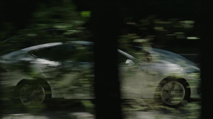 A white car travels down a forest lined road