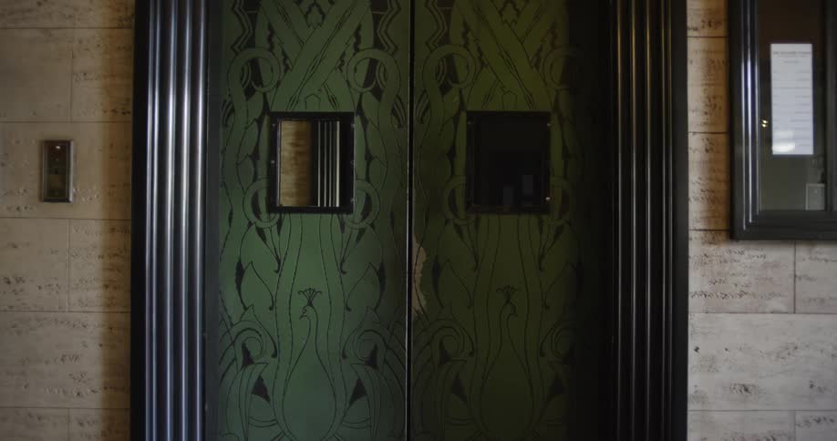 The closed doors of a vintage art deco elevator