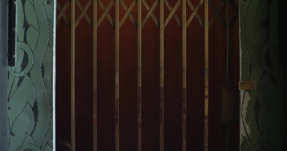 Bars on a door with a decorative design on the wall next to it