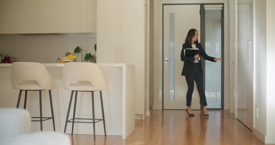 A woman enters the home and walks to the counter
