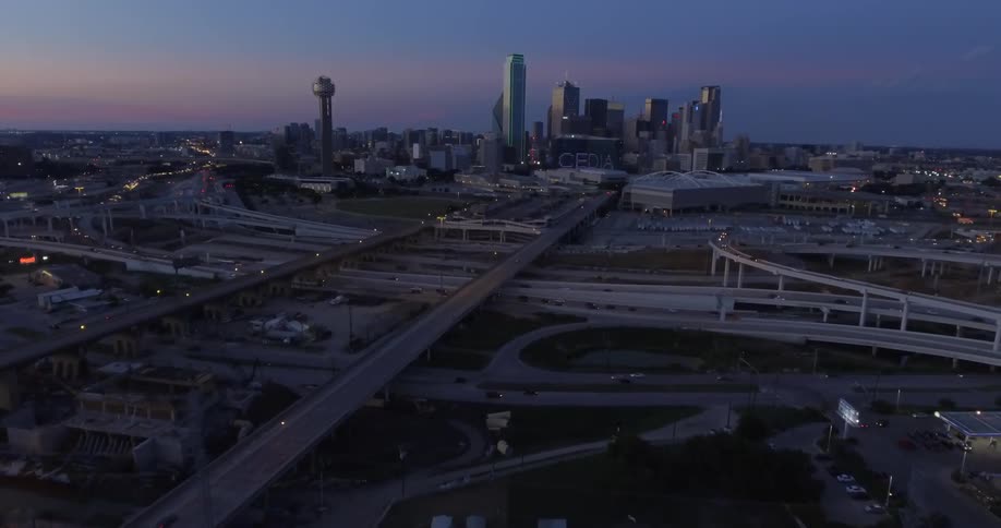 Aerial footage of  city skyline and interstate system