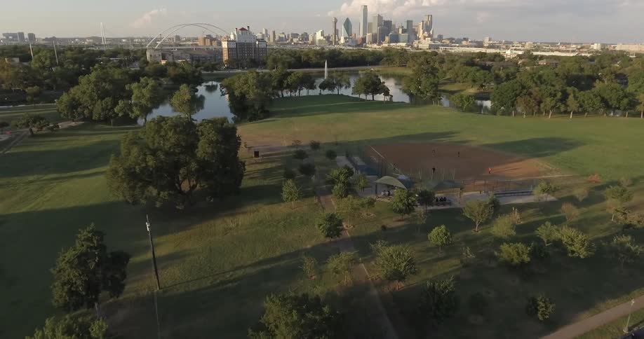 A park near a city in the morning