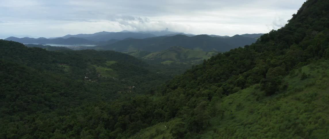 Forested mountain valley with a mountain range on the horizon under a cloudy sky