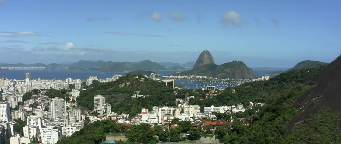 Tree covered hills lead down to coastal city buildings and ocean shore