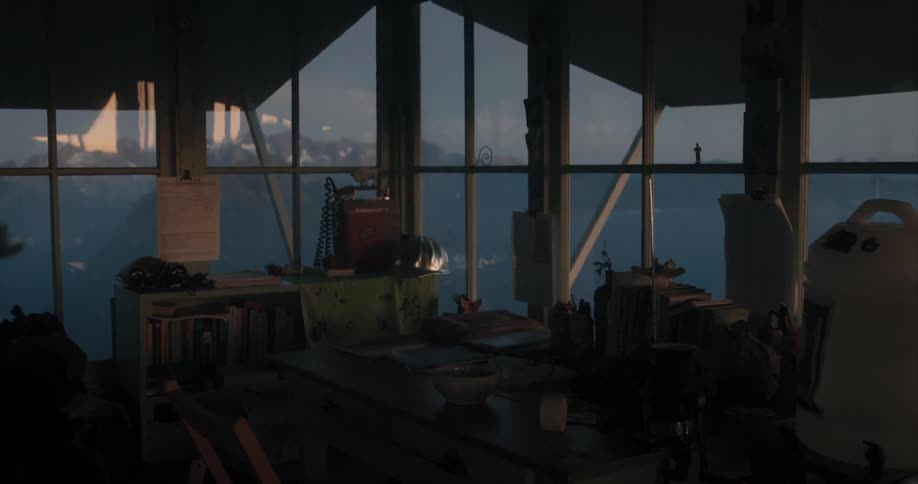 Interior of a small shelter in the mountains at evening