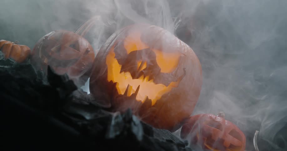 Curved halloween pumpkins in fog