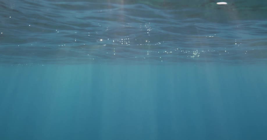 From beneath the surface of the ocean water sunlight can be seen shining down through the ripples