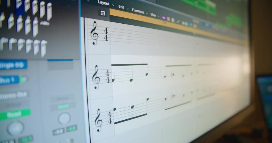 Music sheet scrolling on editing software in a computer screen