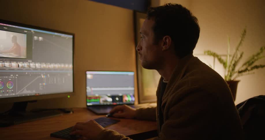 A man working on a video on a computer