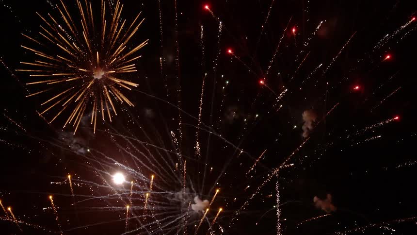 Colorful fireworks are exploding and shooting across the night sky
