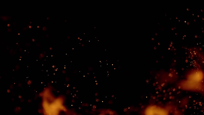 Orange flames and embers rise up against a black background