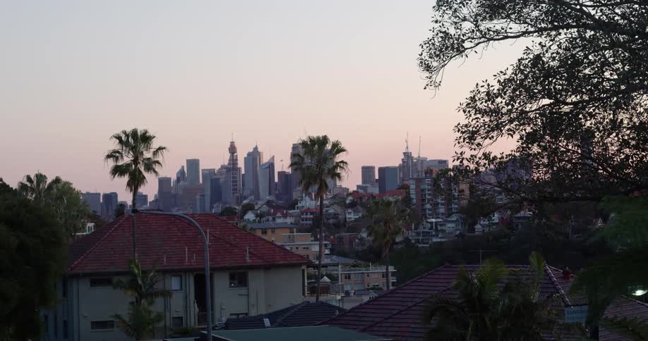 Bird flies over red roofed house with city in background