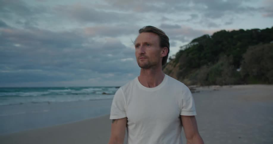 A man is walking on the empty beach
