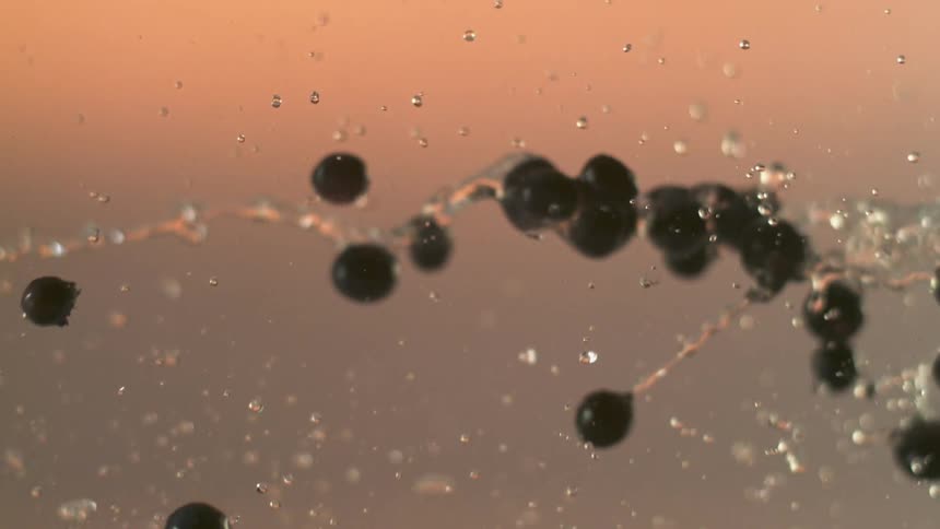 Grapes in splashing water are moving across the screen