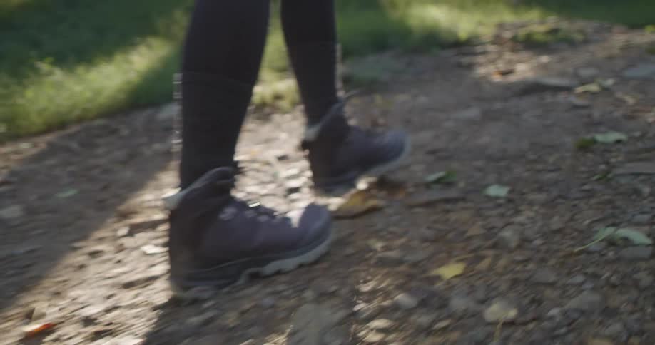 A person is hiking on a trail in the woods
