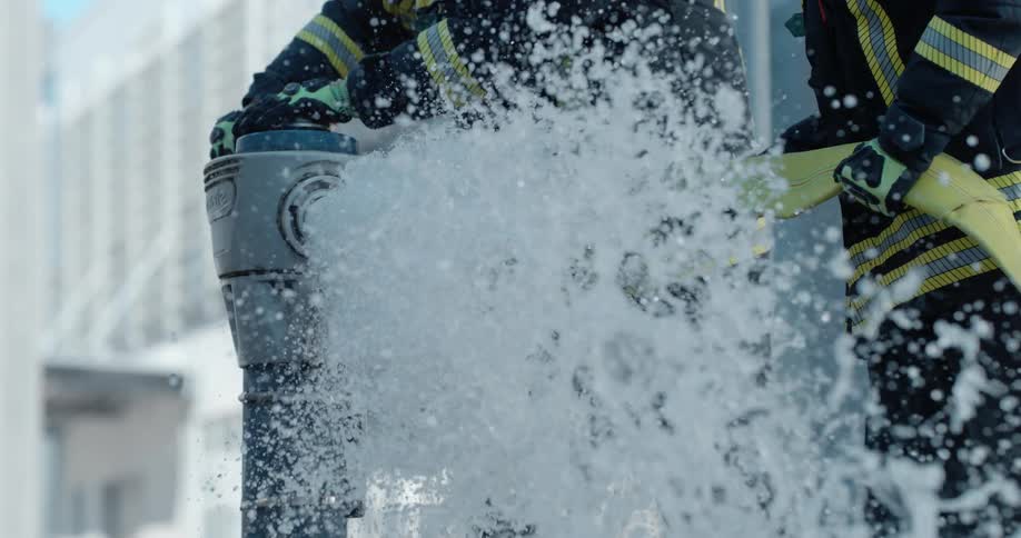 Firefighters use fire hydrant in the city street