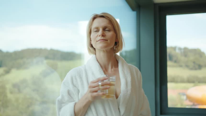 A woman drinking tea in a robe