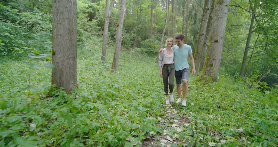 Family of four leisurely walking on a trail in the forest at daytime