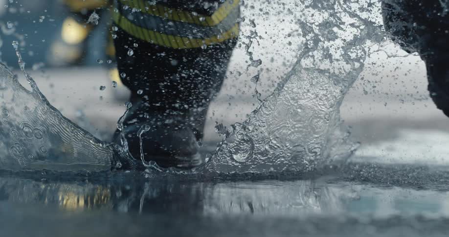 Two firefighters run through a puddle