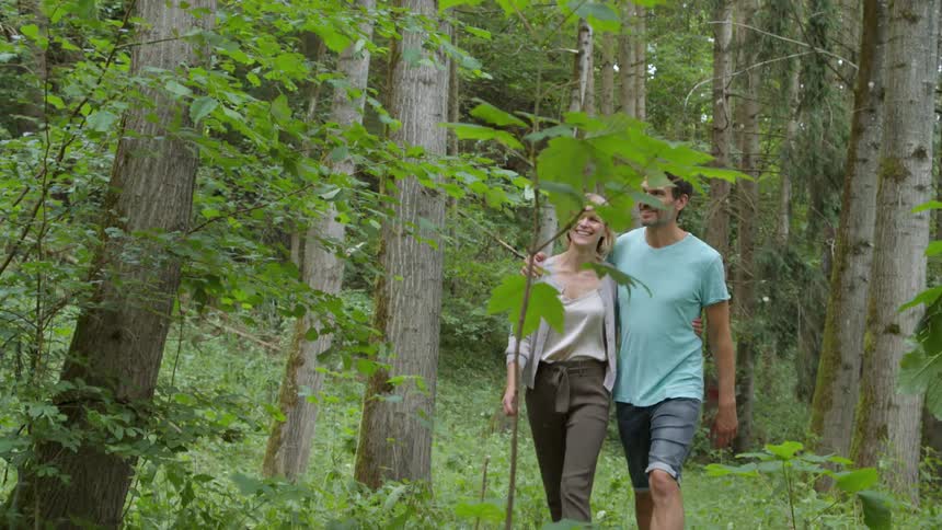 A mother and father walk along a forest path while their two daughters happily run ahead of them