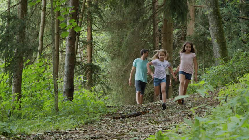 Mother and father with daughters walk along the path in the woods